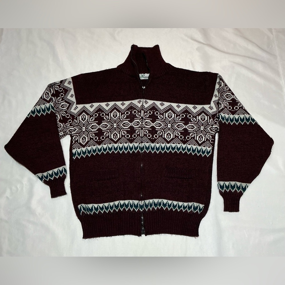 Vintage Haband Cardigan Sweater Mens Medium Maroon Full Zip Grandpacore Nordic